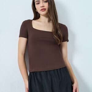 Chocolate Brown Square Neck Fitted Top Clean Girl Basic Stretch Tee L